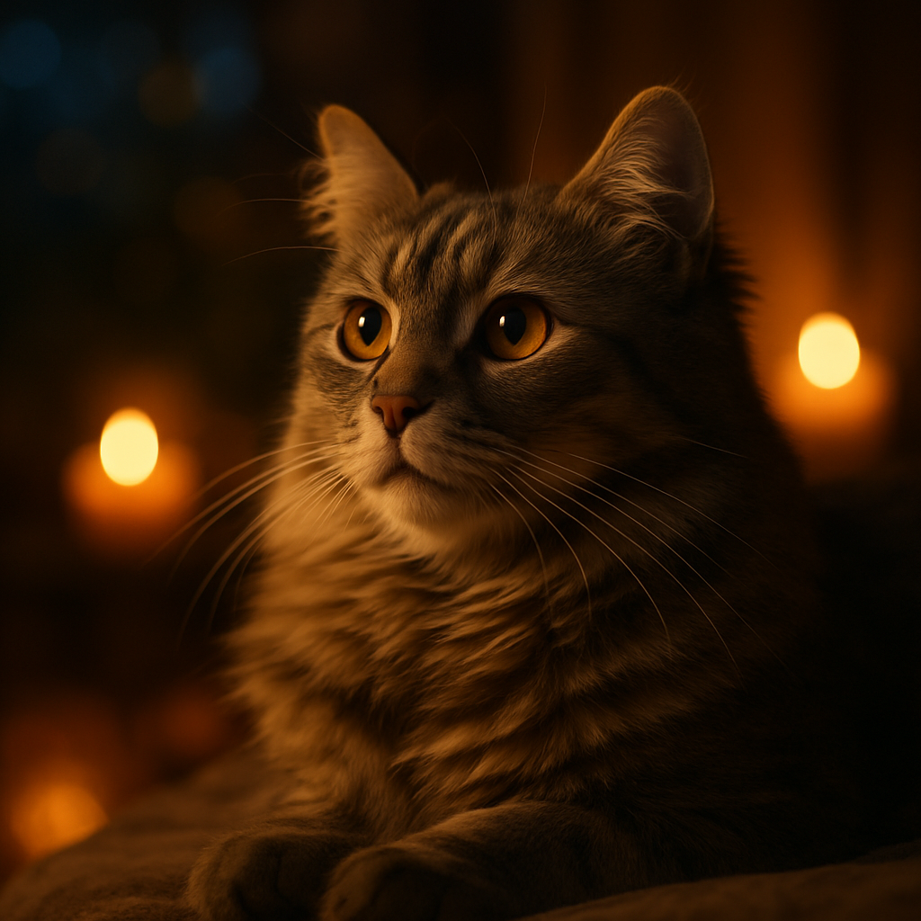 Gray tabby cat watching the moonlit garden.