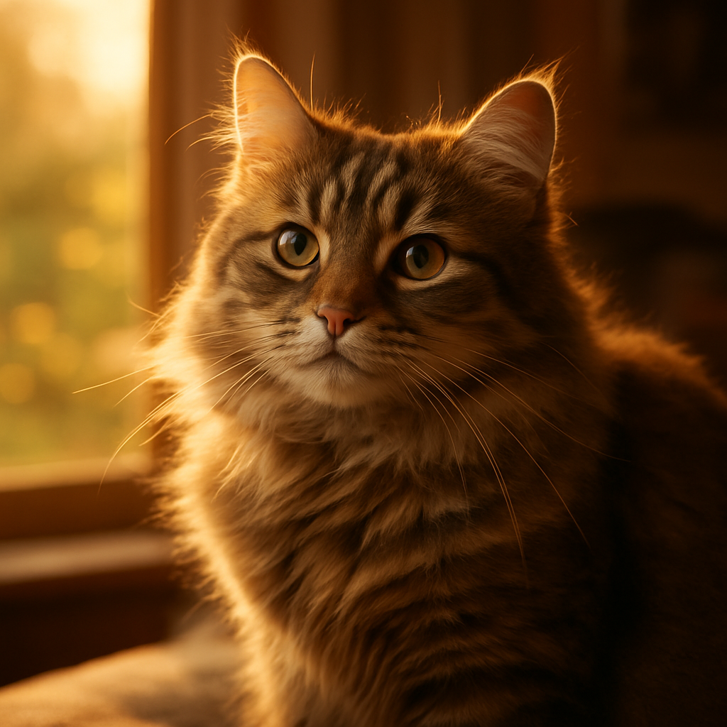 A fluffy tabby cat enjoying the morning sun in a garden.