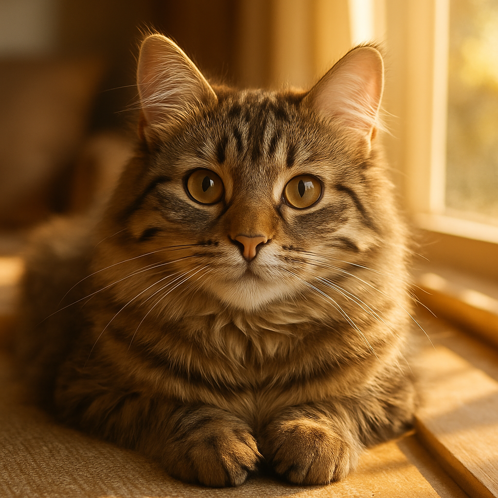 A tabby cat lounging on a sunny windowsill.