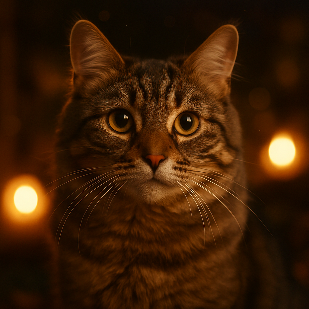 A tabby cat exploring a garden under the starry sky