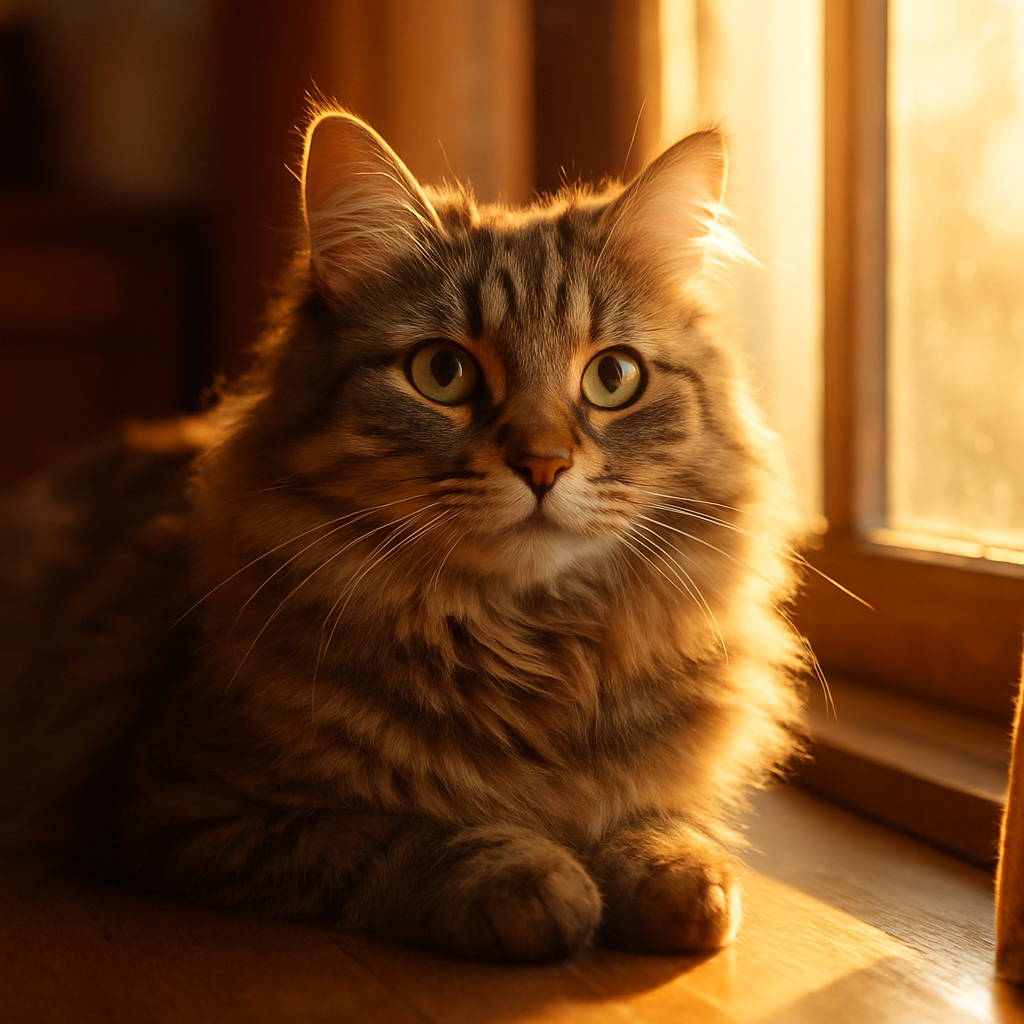 A fluffy tabby cat basking in morning sunlight on a window ledge.