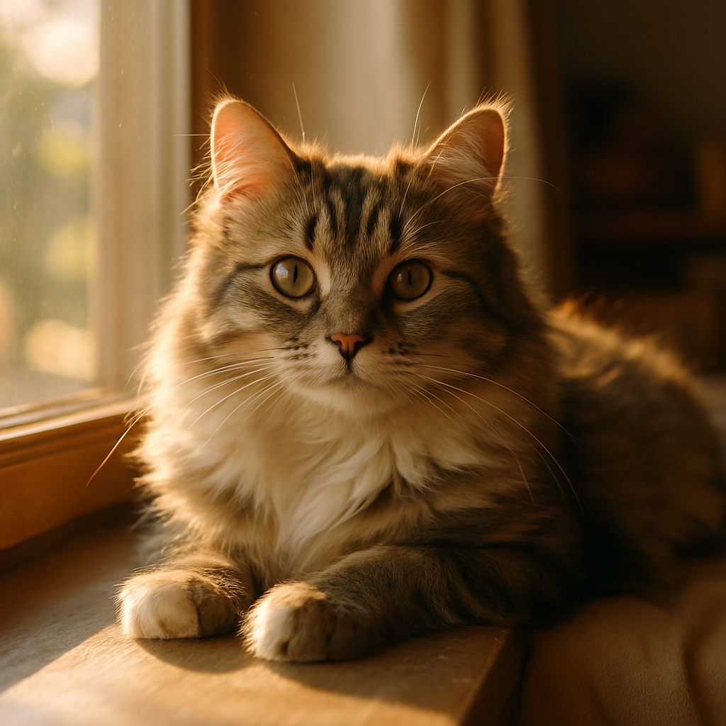 A cat lounging in a sunbeam on a window sill.