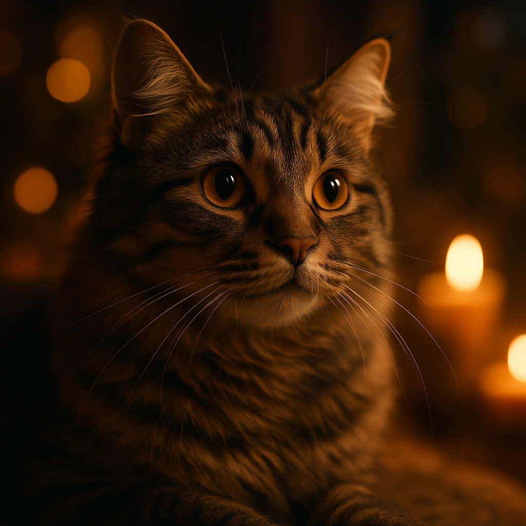 A tabby cat exploring a moonlit garden