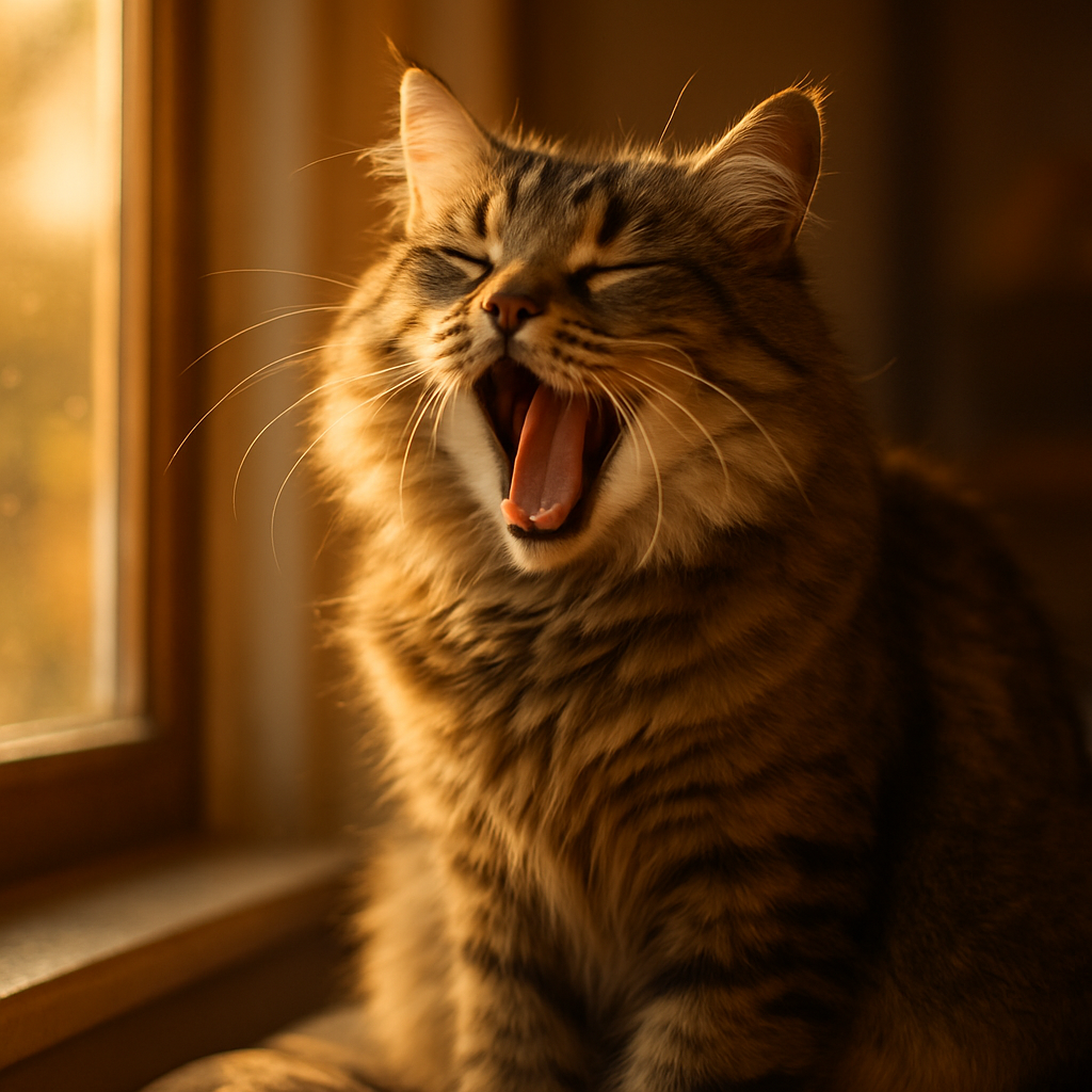A tabby cat yawning on a sunny windowsill