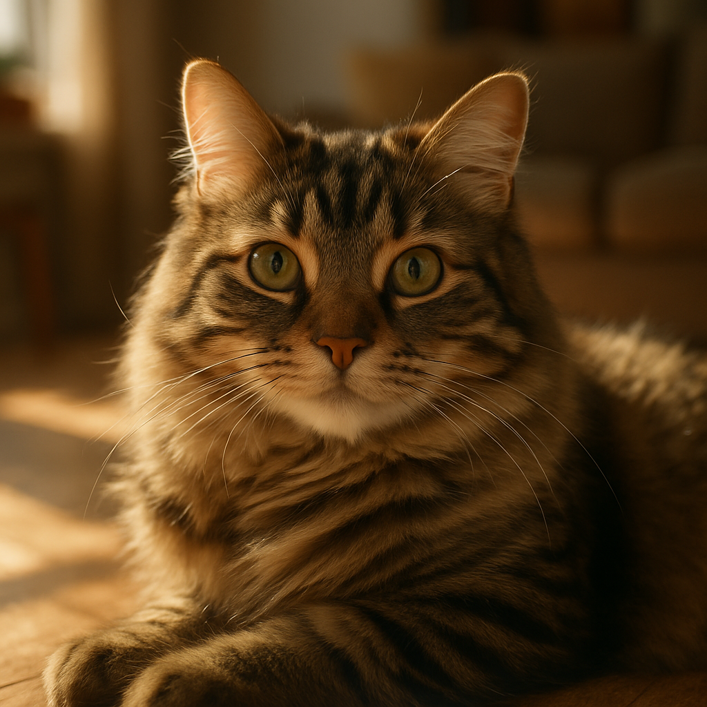 A fluffy tabby cat napping in a sunbeam on the floor
