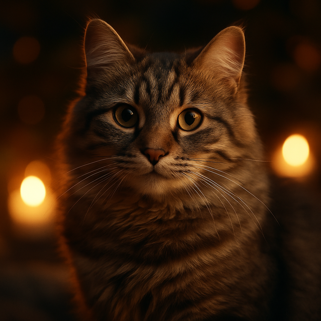A fluffy grey tabby cat in a moonlit garden