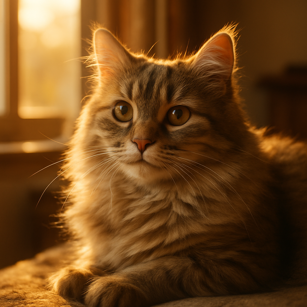 A content cat basking in morning sunlight.