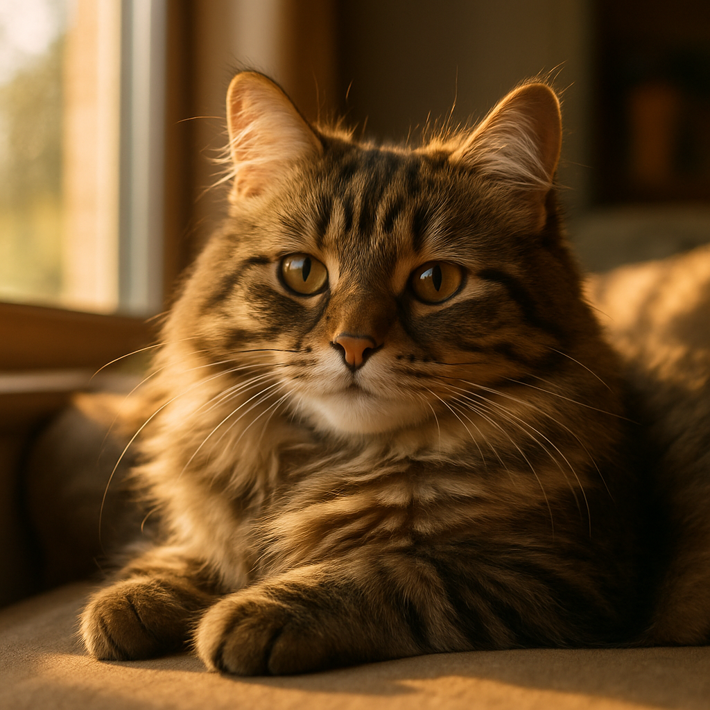 A fluffy tabby cat napping by a sunny window.