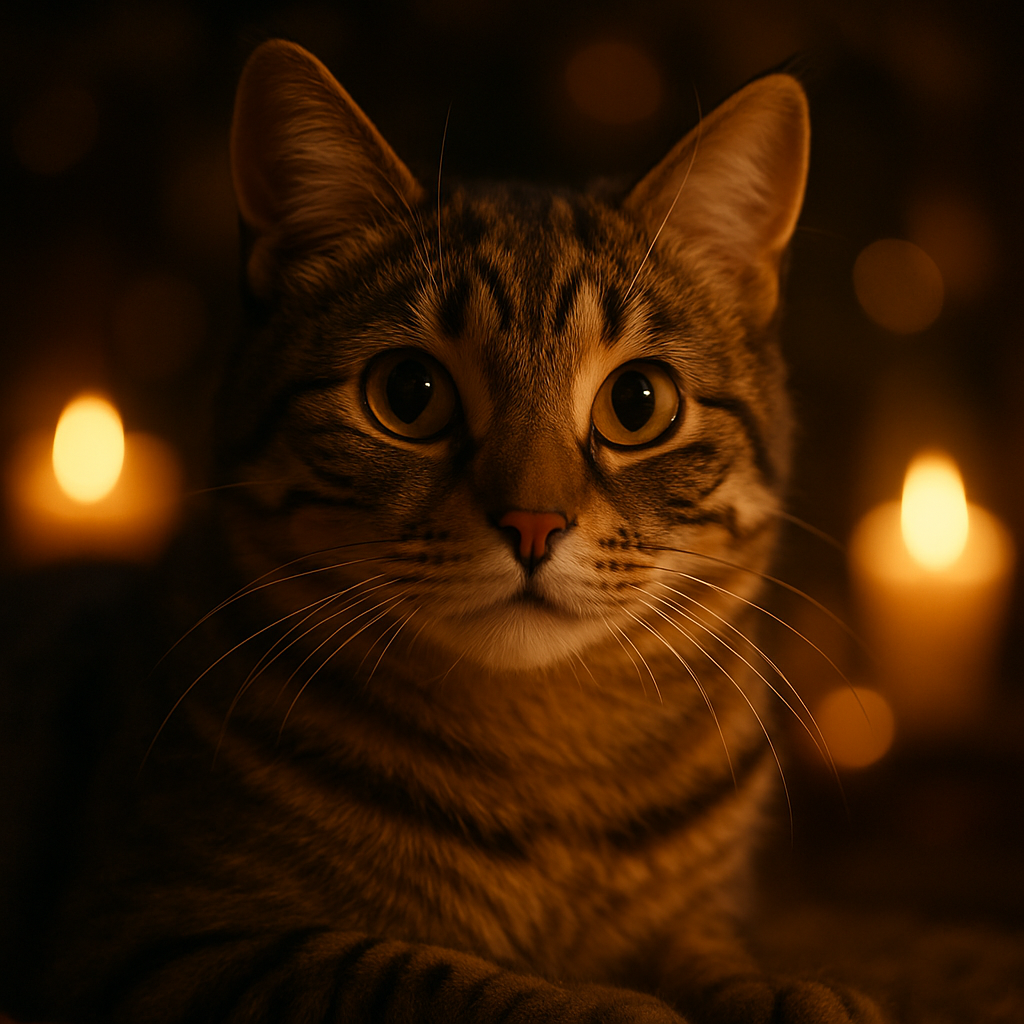 A tabby cat exploring a moonlit garden.