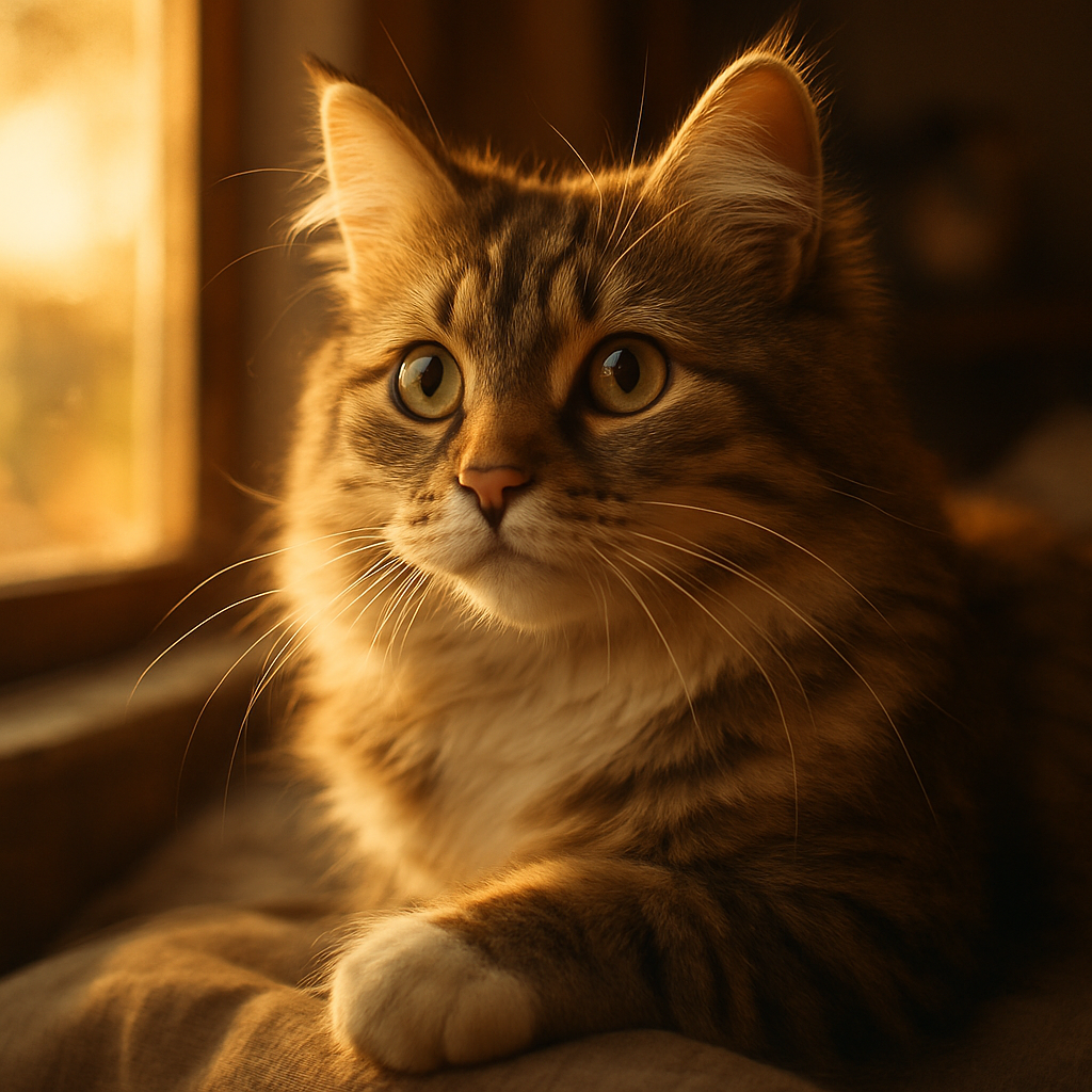 A curious cat with a white-tipped paw observing morning light.