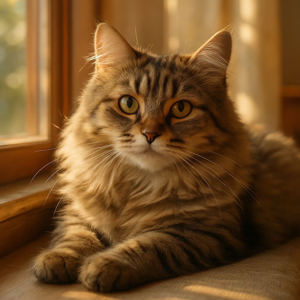 A fluffy tabby cat lounging on a sunlit windowsill.