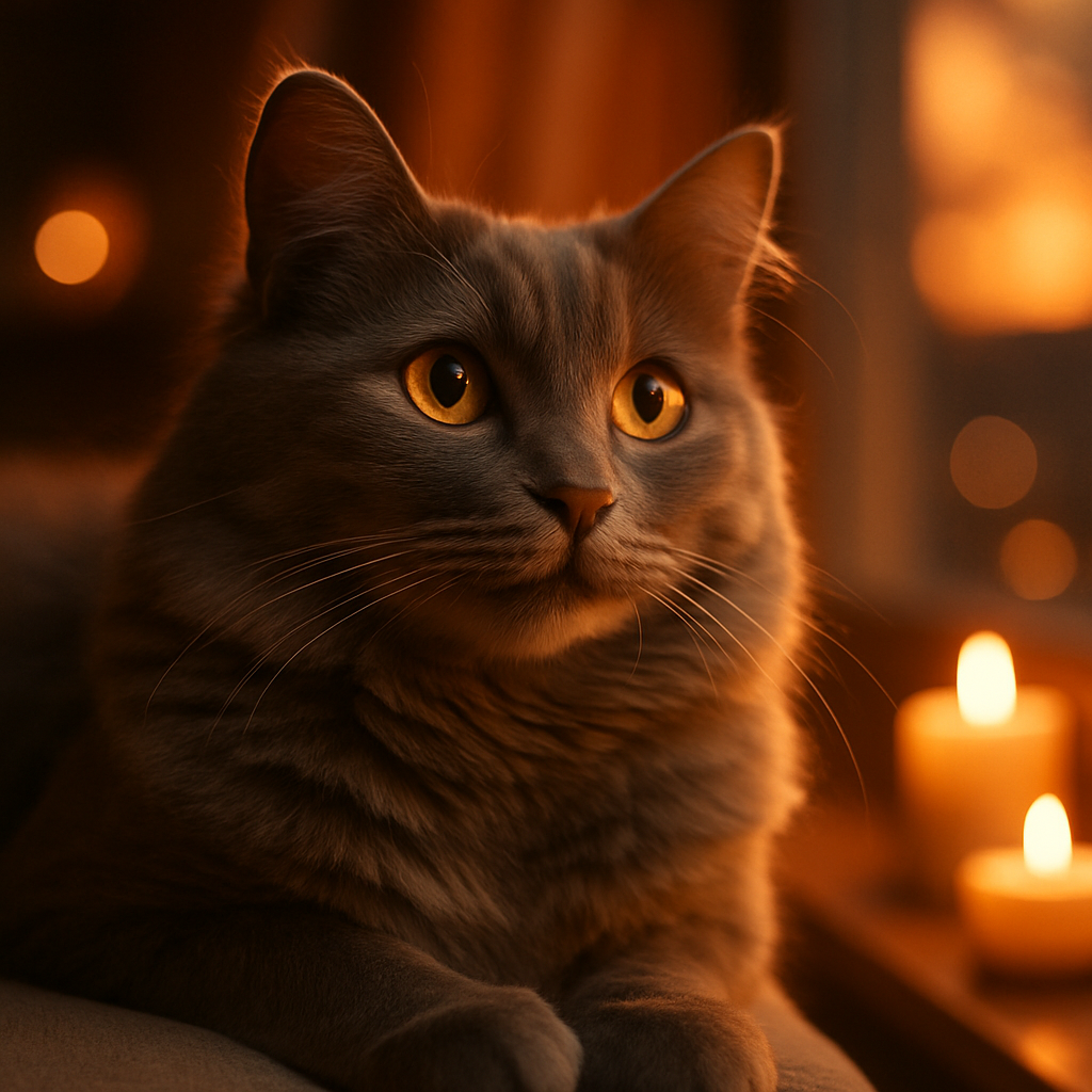 Gray cat lounging on a windowsill during sunset