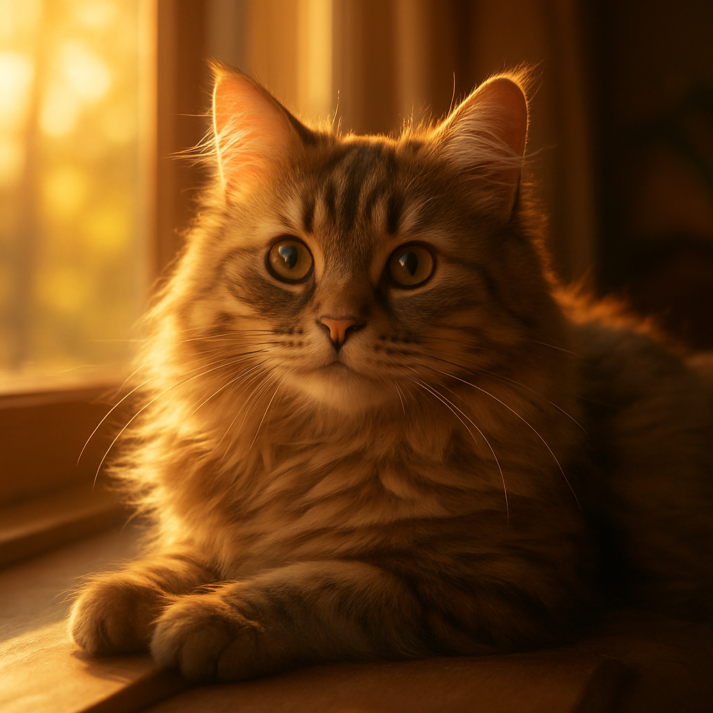 A fluffy cat lounging on a windowsill basking in sunlight.