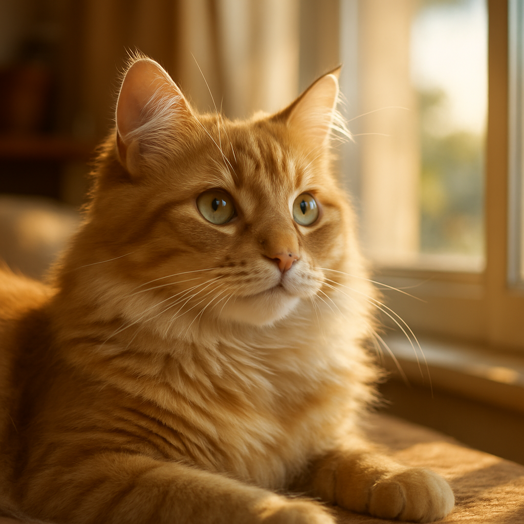 A cat lounging in a sunlit room, looking out the window.