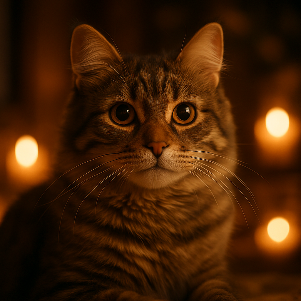 A tabby cat and a kitten exploring a moonlit garden.