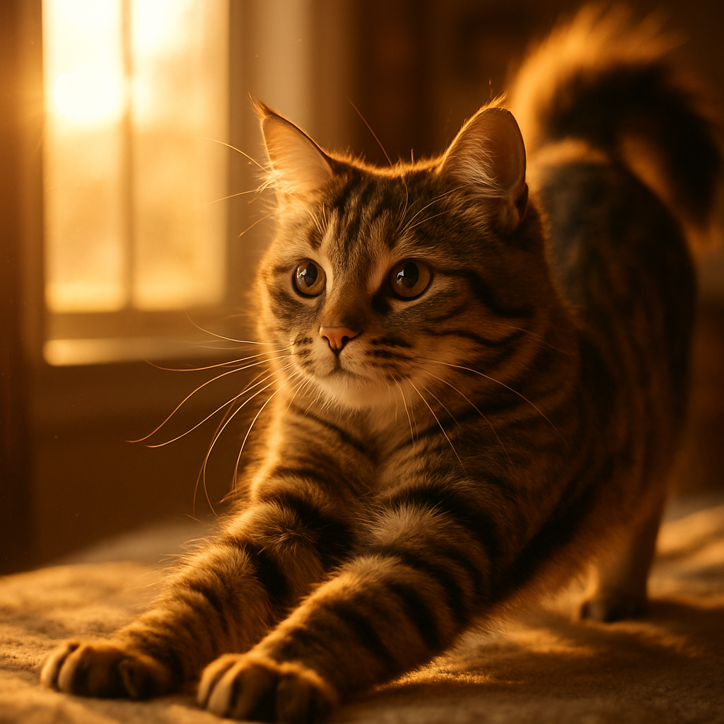 Tabby cat stretching in the morning sun.