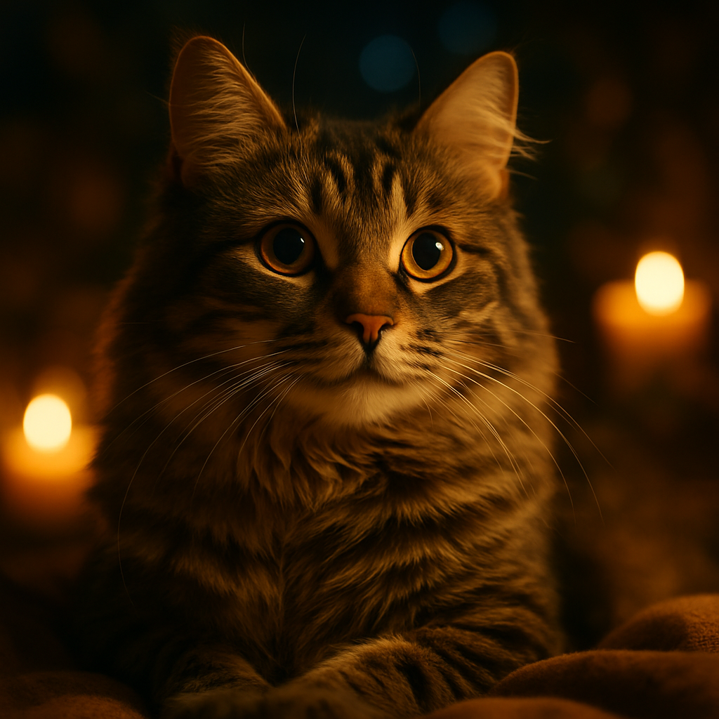 A tabby cat under the moonlight in a garden.