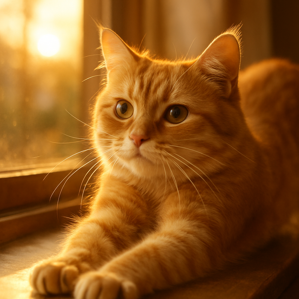 A content ginger cat stretching on a sunny windowsill.