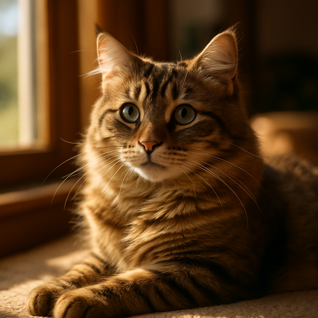 Tabby cat lounging in a sunbeam by a window.