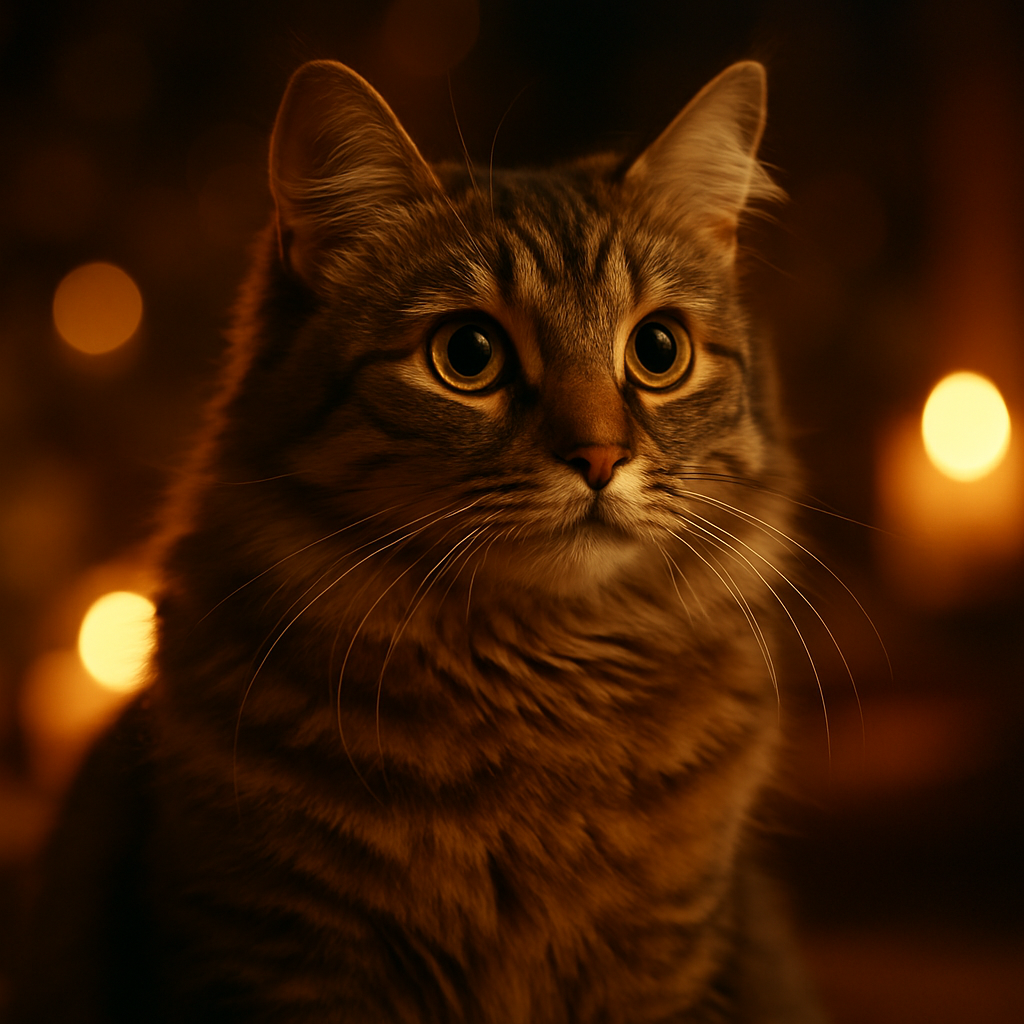 Tabby cat with curious eyes exploring a moonlit garden