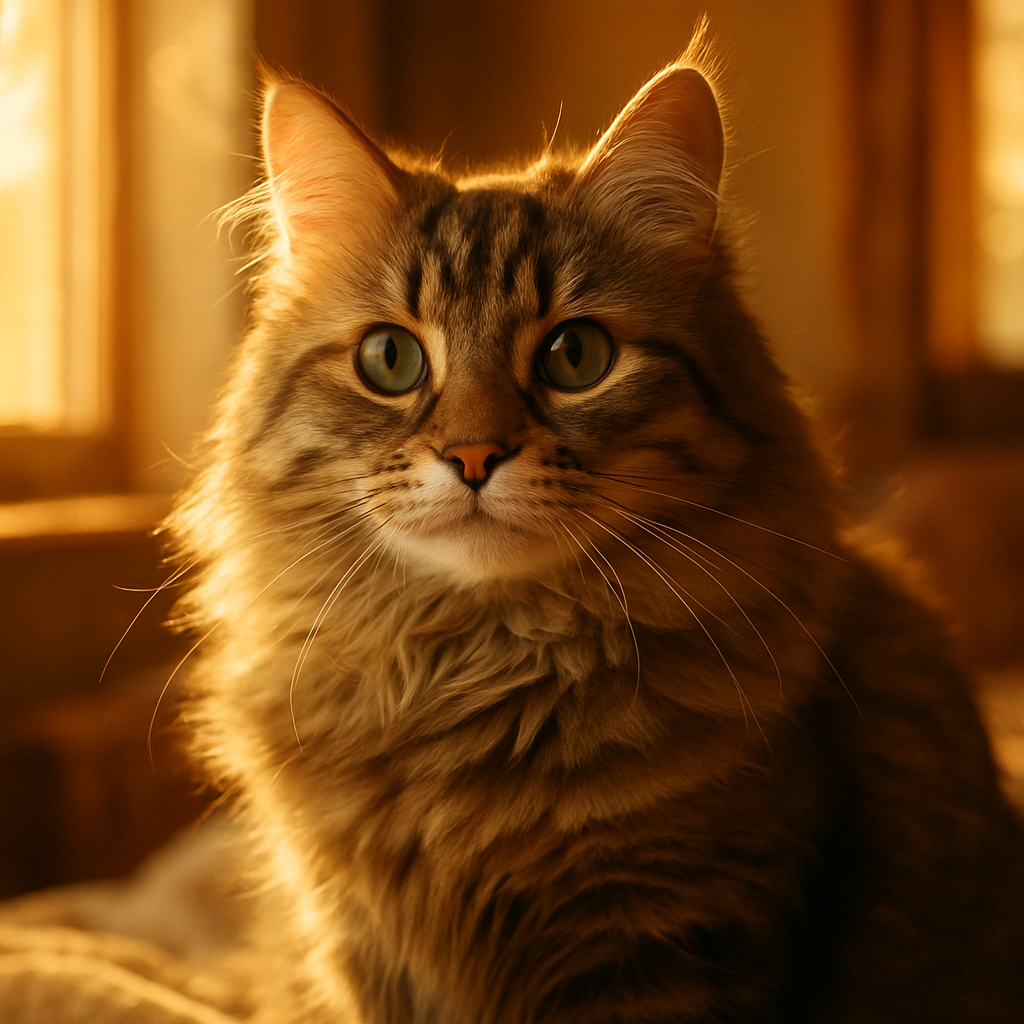 A fluffy tabby cat basking in morning sunlight.
