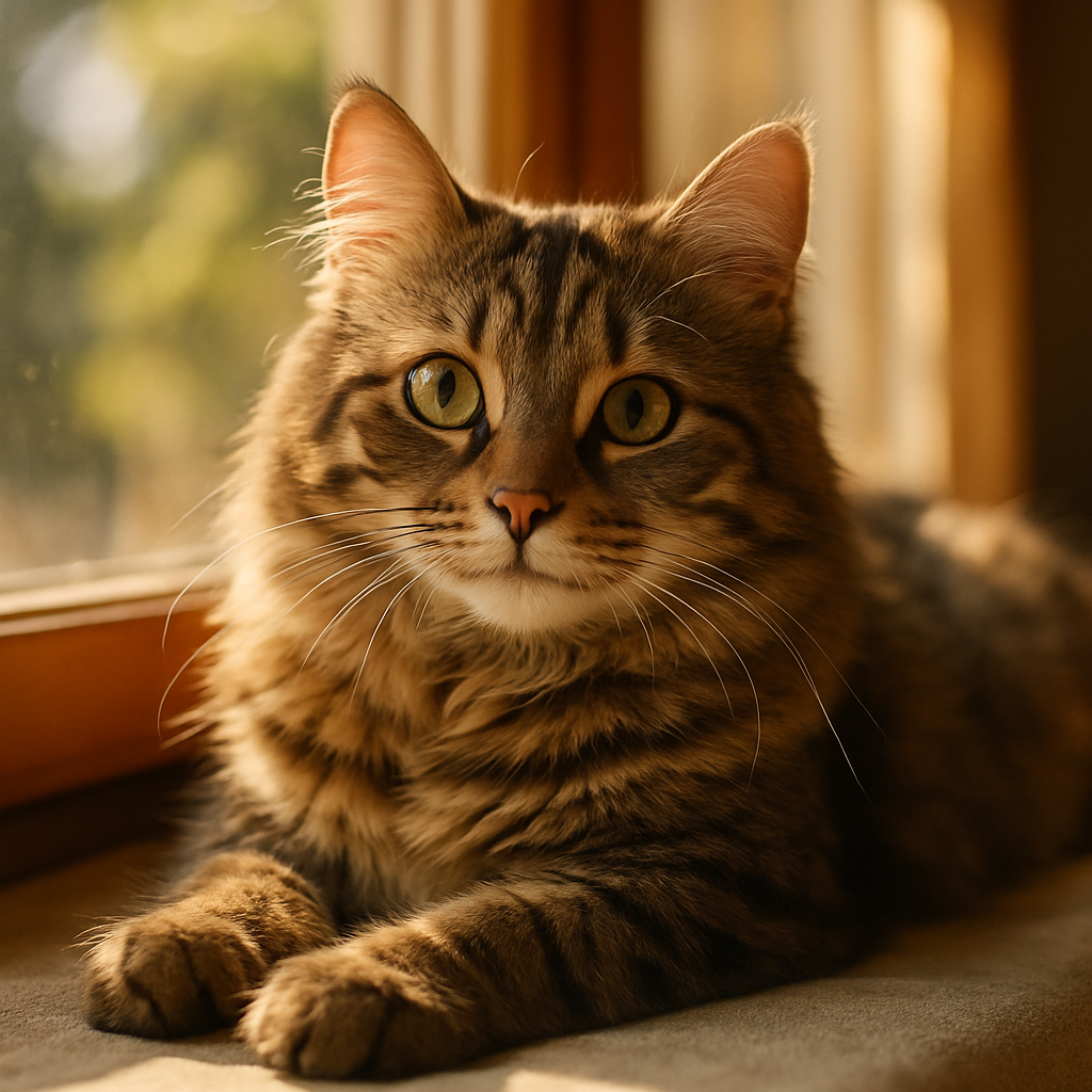 A tabby cat lounging in a sunny window.