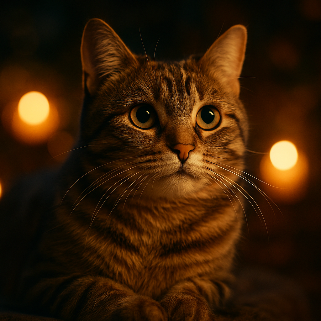 A tabby cat exploring a moonlit garden