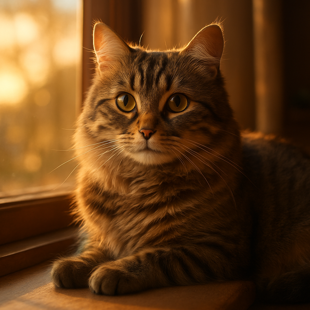 A tabby cat lounging on a sunlit windowsill.