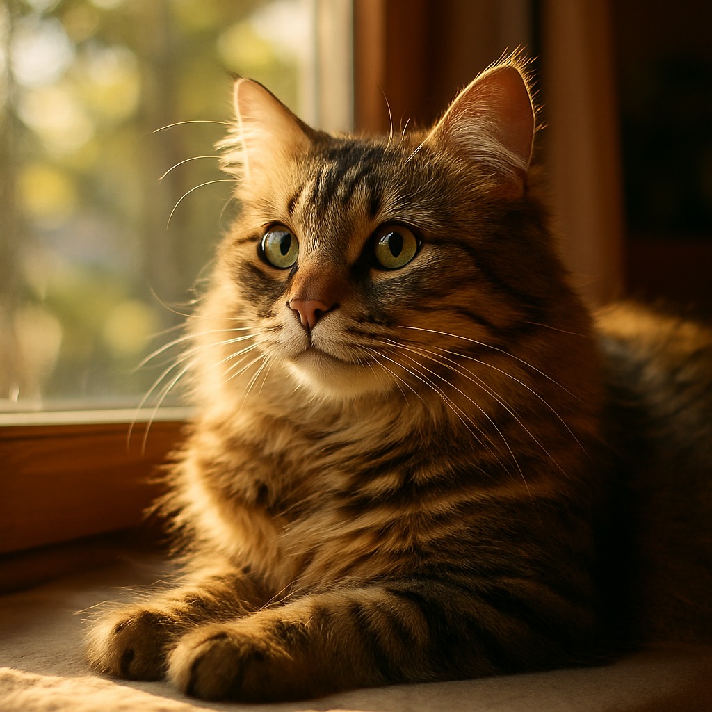 A tabby cat lounging in a sunlit window, watching birds.
