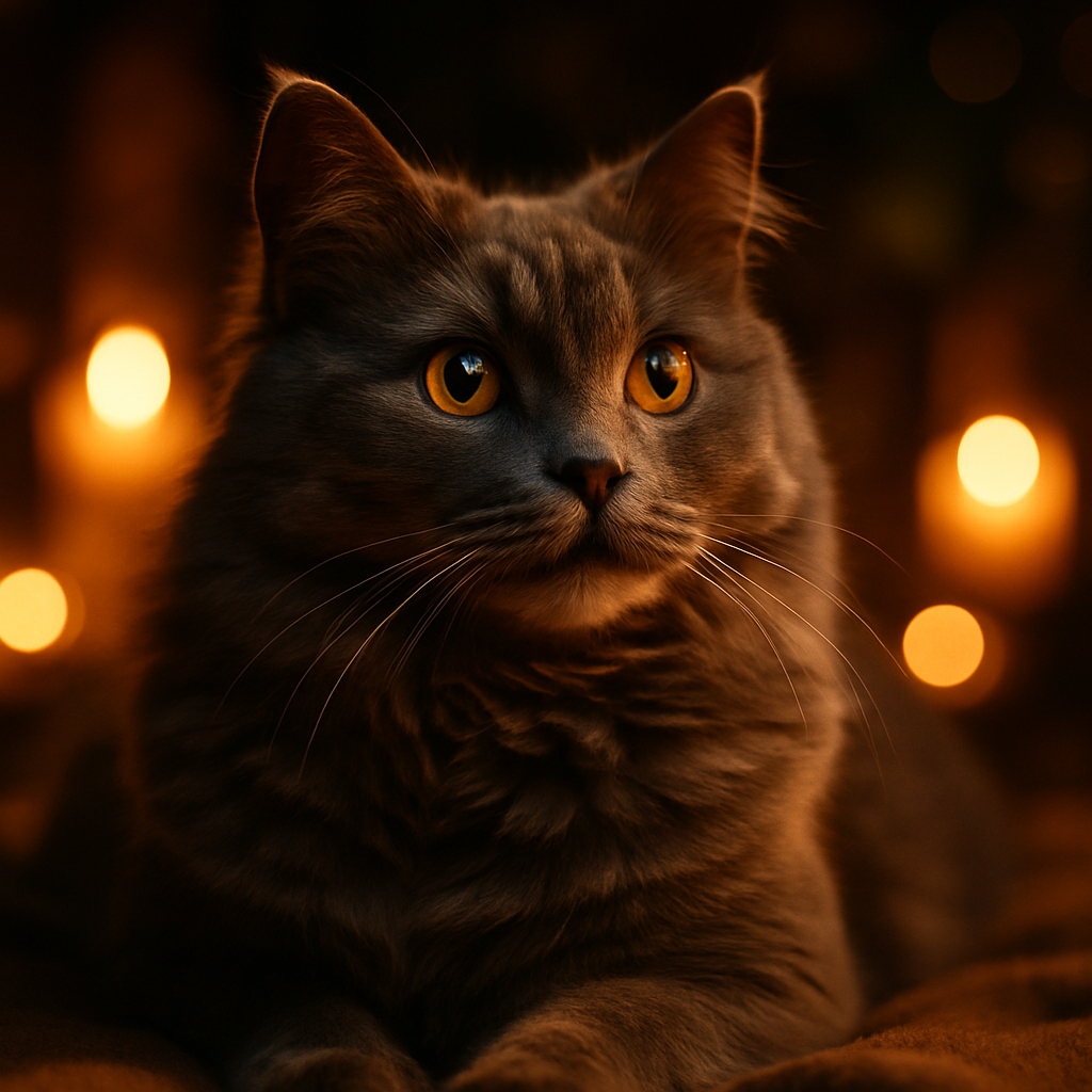 A grey cat with bright eyes exploring a moonlit garden.