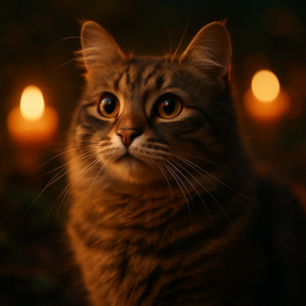 A cat named Whiskers exploring a garden at twilight