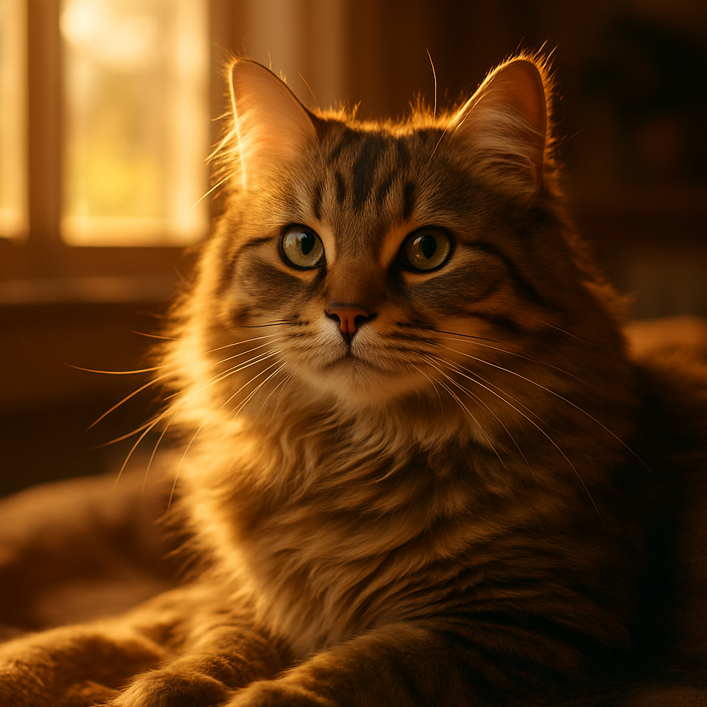 A fluffy tabby cat basking in morning sunlight