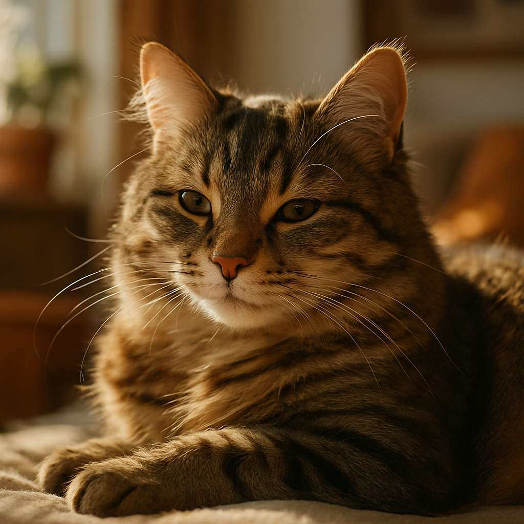 A tabby cat napping peacefully in a sunbeam