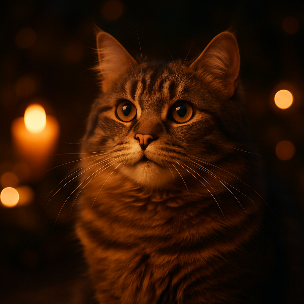 Tabby cat exploring a moonlit garden.