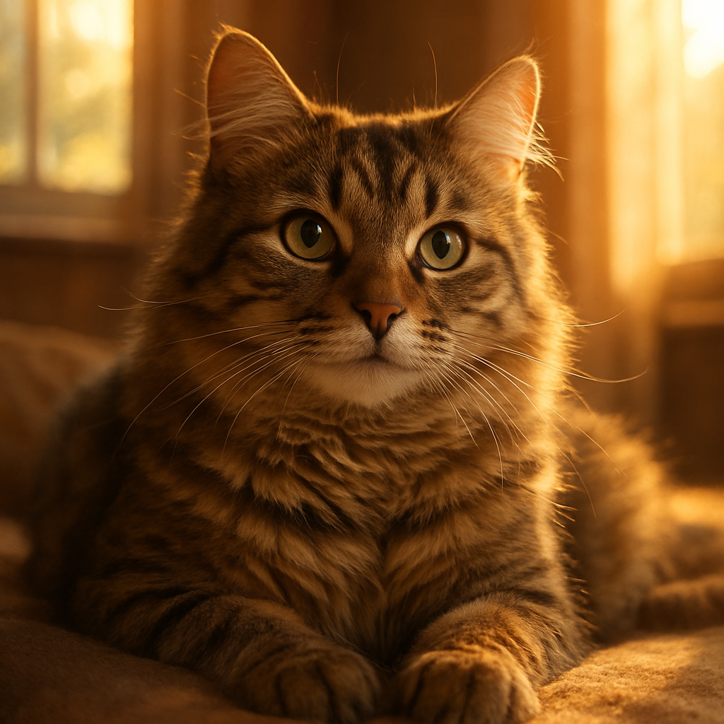 A tabby cat basking in morning sunbeams
