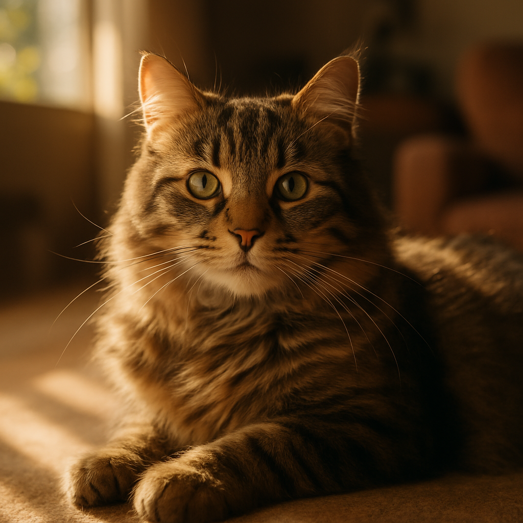 Whiskers the tabby cat lounging in a sunbeam.