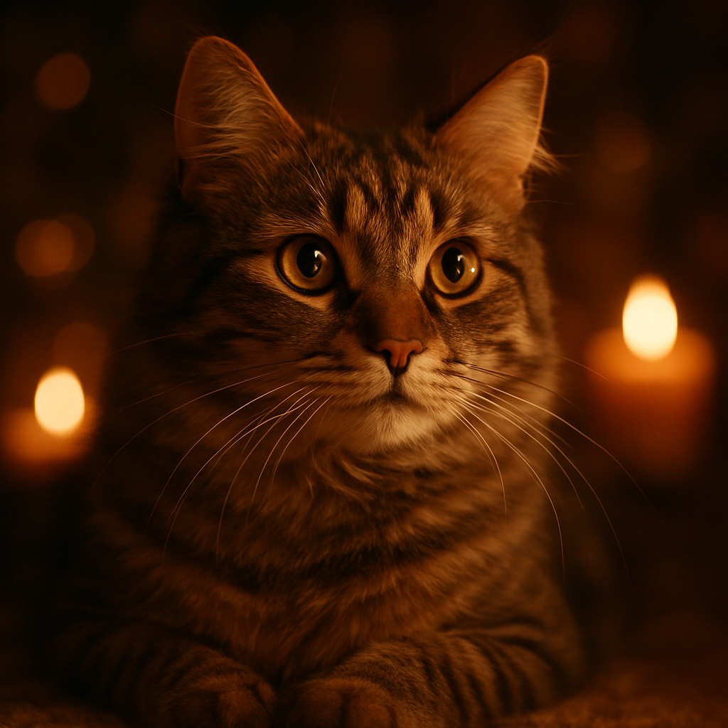 A serene tabby cat exploring a moonlit garden.