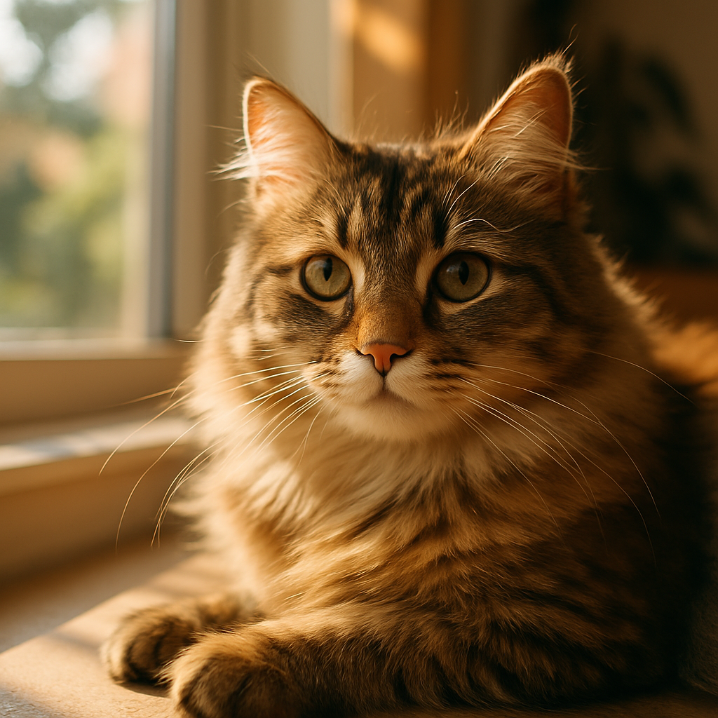 Cat lounging on a sunny windowsill, basking in sunlight.