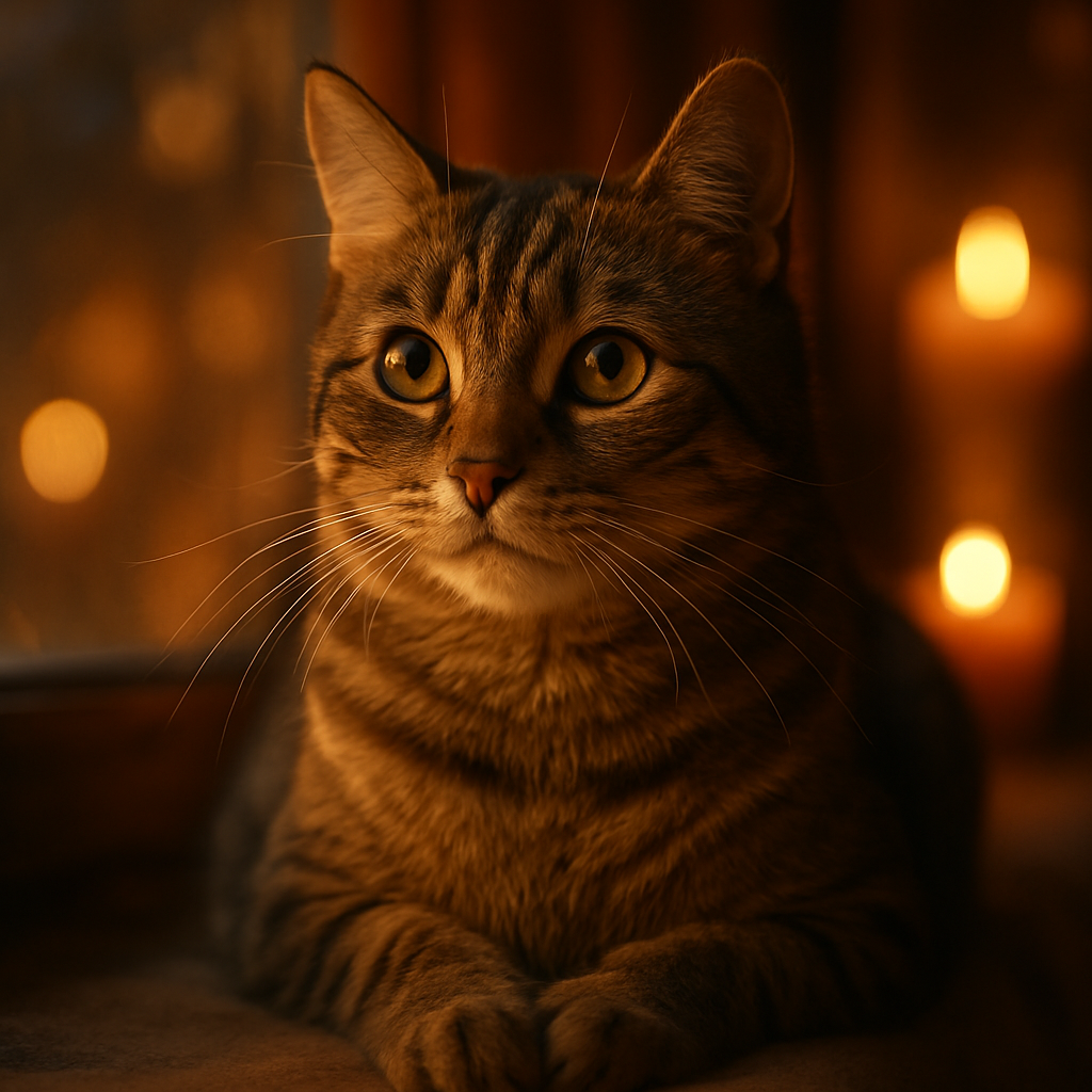 Whiskers the tabby cat watching the sunset from a windowsill