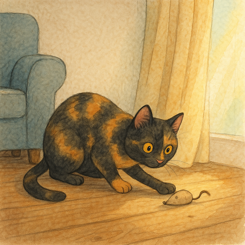 A tortoiseshell cat, Luna, investigating a floorboard.