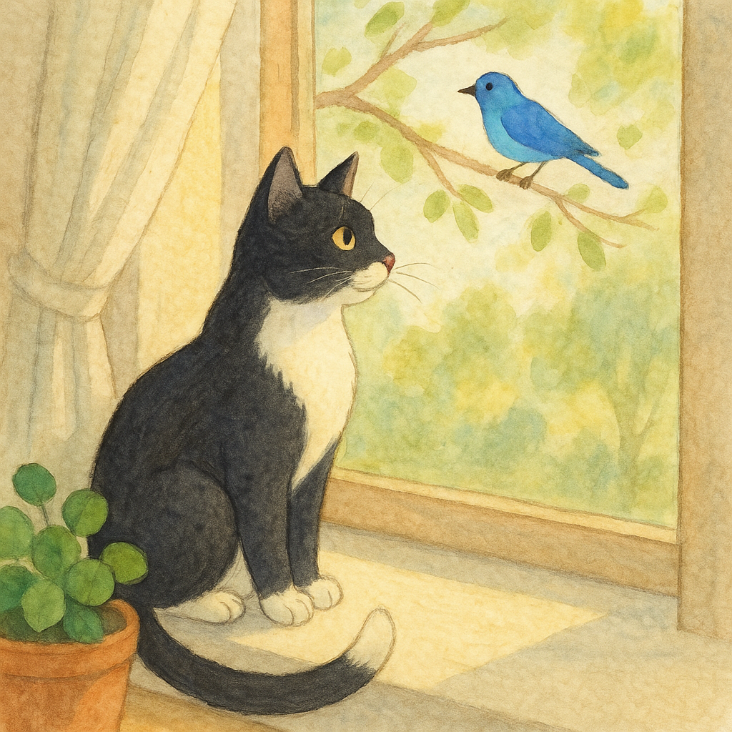 Tuxedo cat Pepper basking in sunlight on a windowsill.