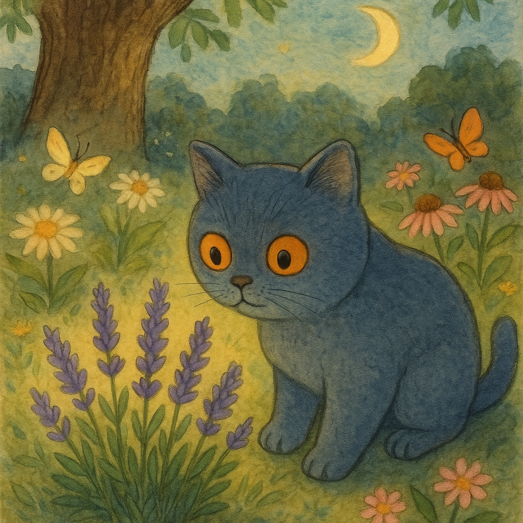 Bubu, a blue-grey British Shorthair cat, exploring a garden.
