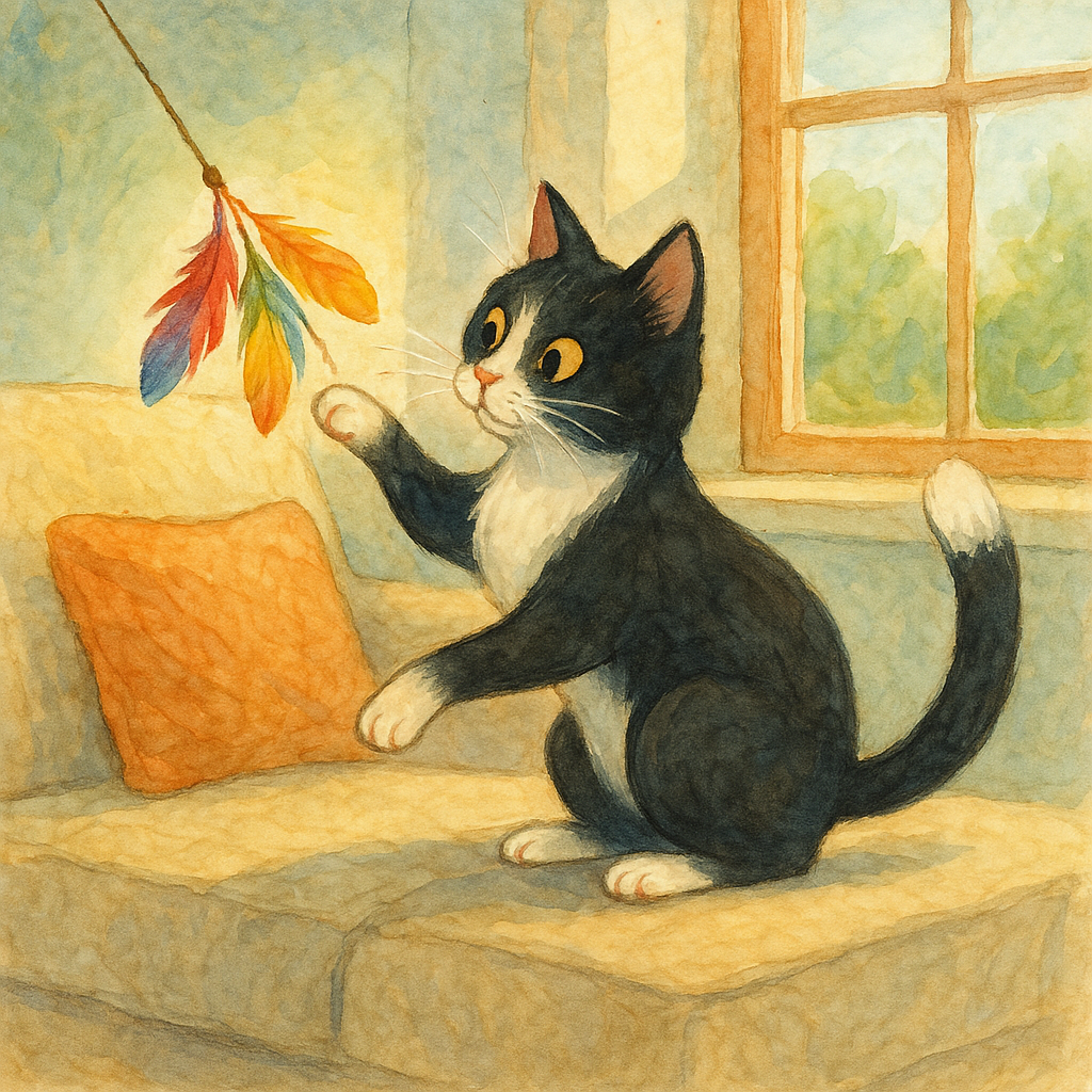 Tuxedo cat playing with a feather toy in sunlight