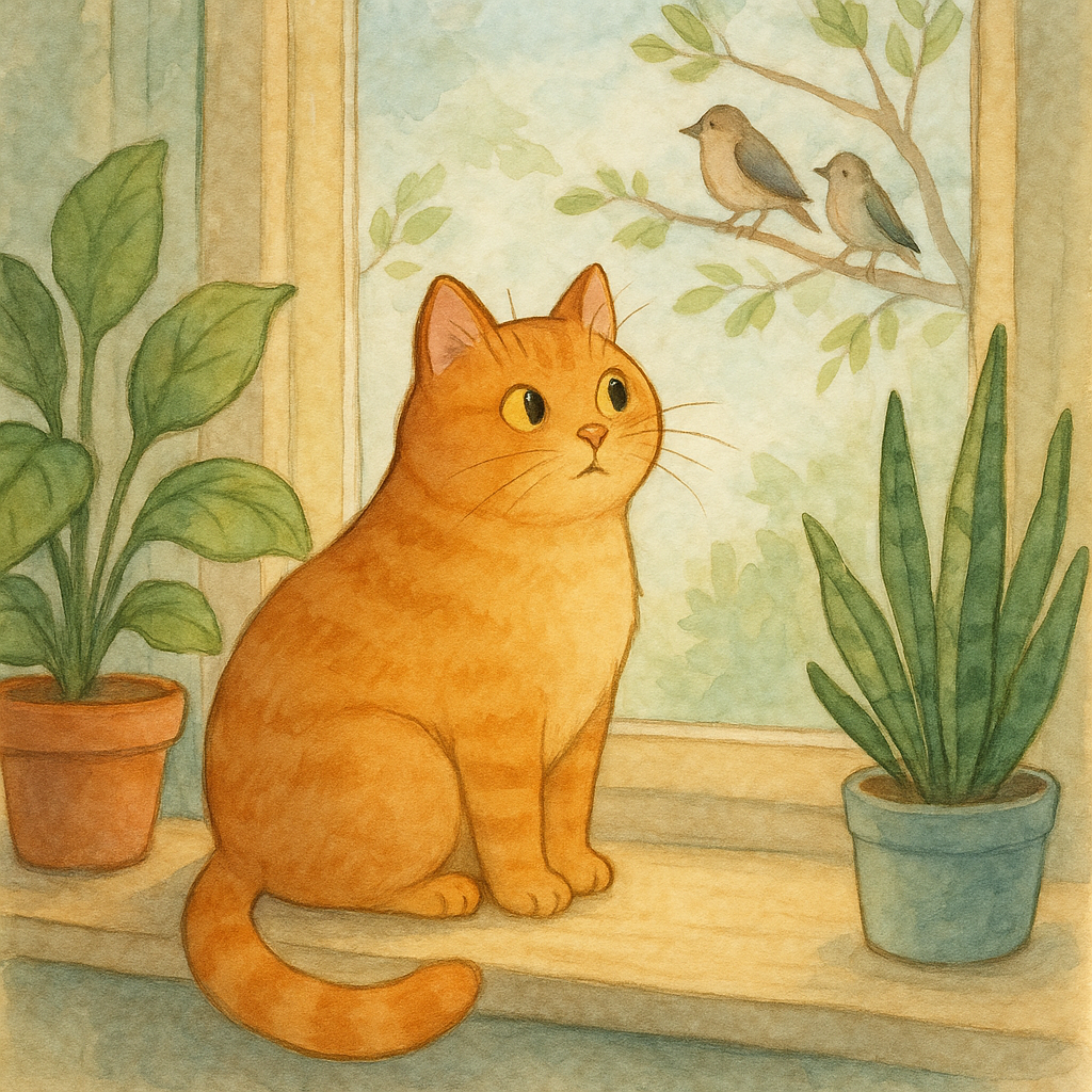 Chubby orange cat Mela looking out a sunny window.
