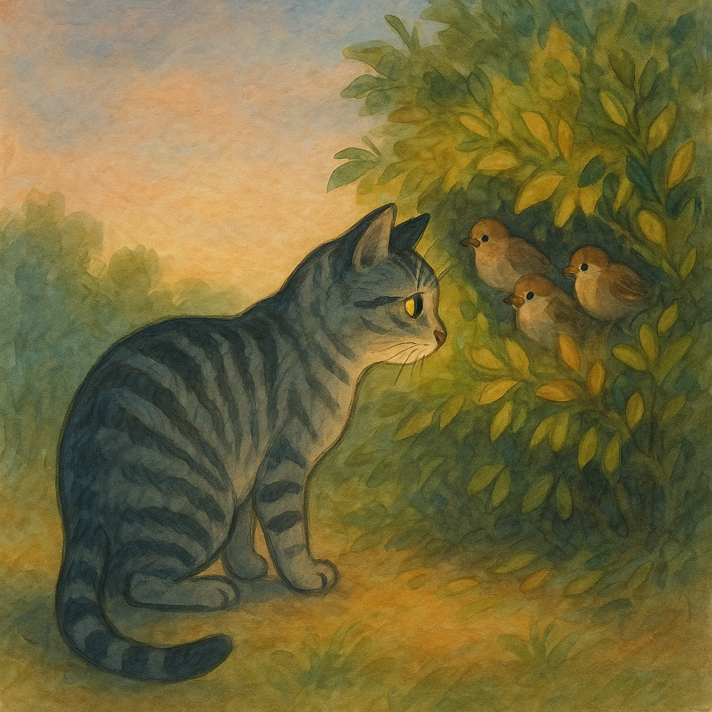 Silver tabby cat peering into a leafy bush