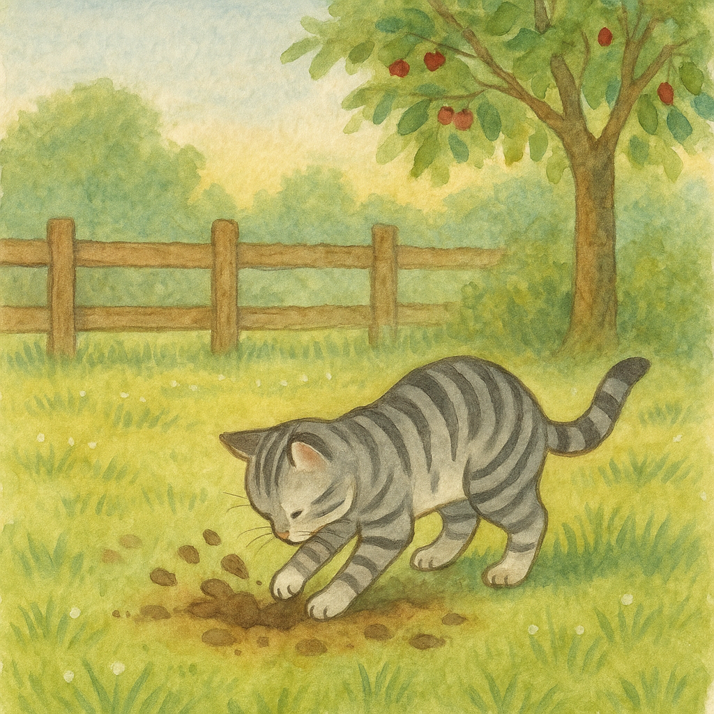 Silver tabby cat with bold stripes, exploring a garden.