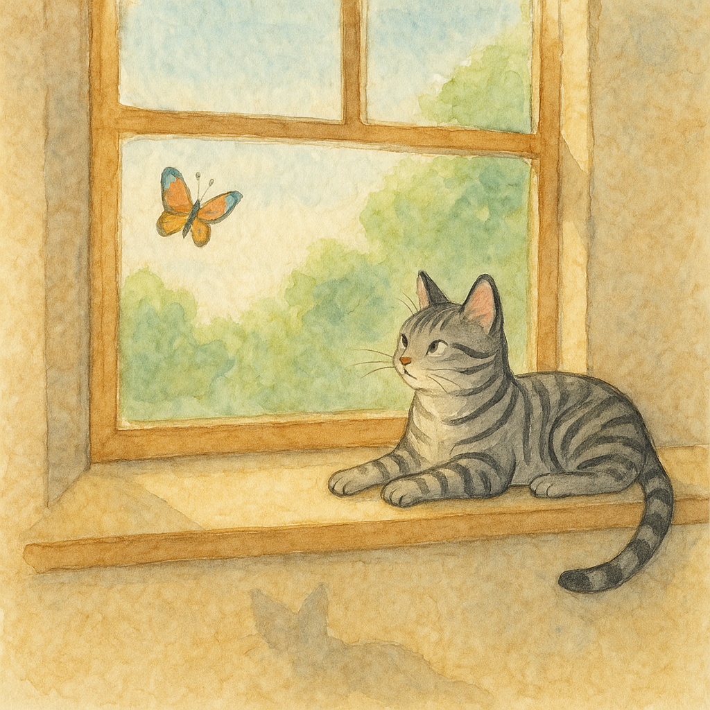 A silver tabby cat named Pixel lounging in a sunny window.