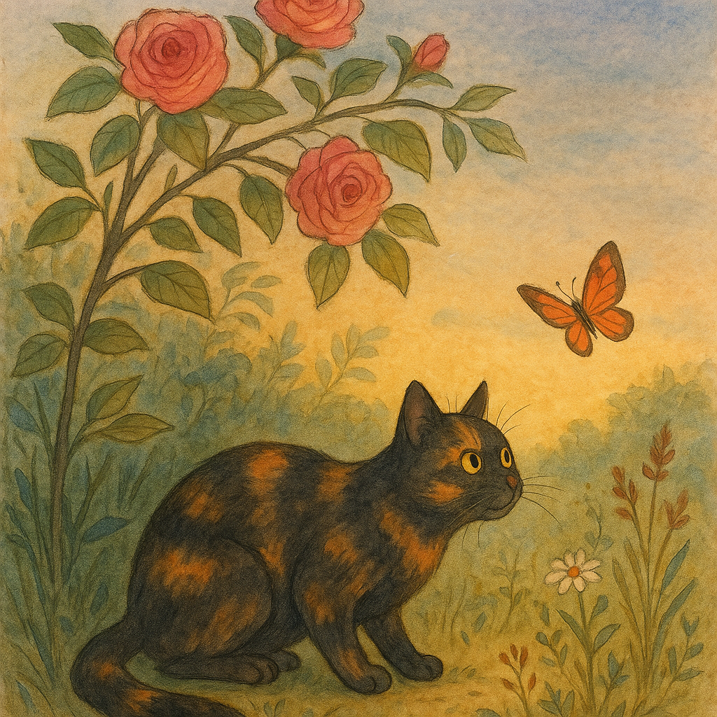 Tortoiseshell cat exploring a lush garden