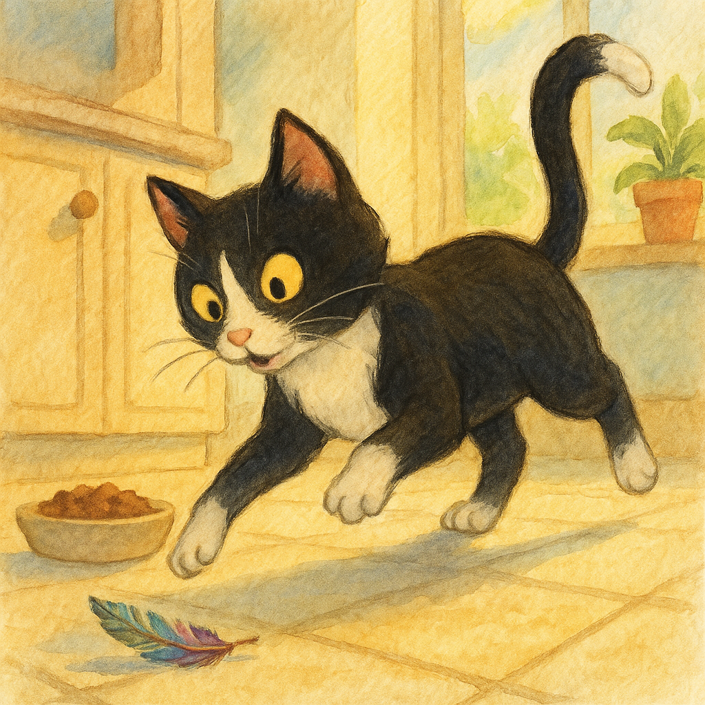 Tuxedo cat Pepper playing with a feather on the kitchen floor