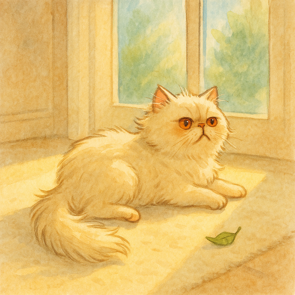 A fluffy cream Persian cat lounging in a sunbeam on a carpet.